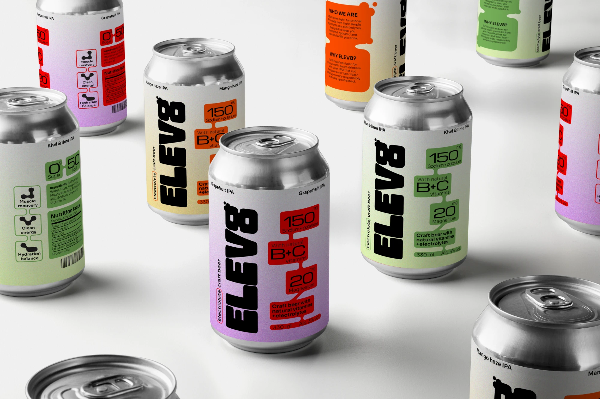 ELEV8 electrolyte craft beer cans in grapefruit, mango and kiwi flavours